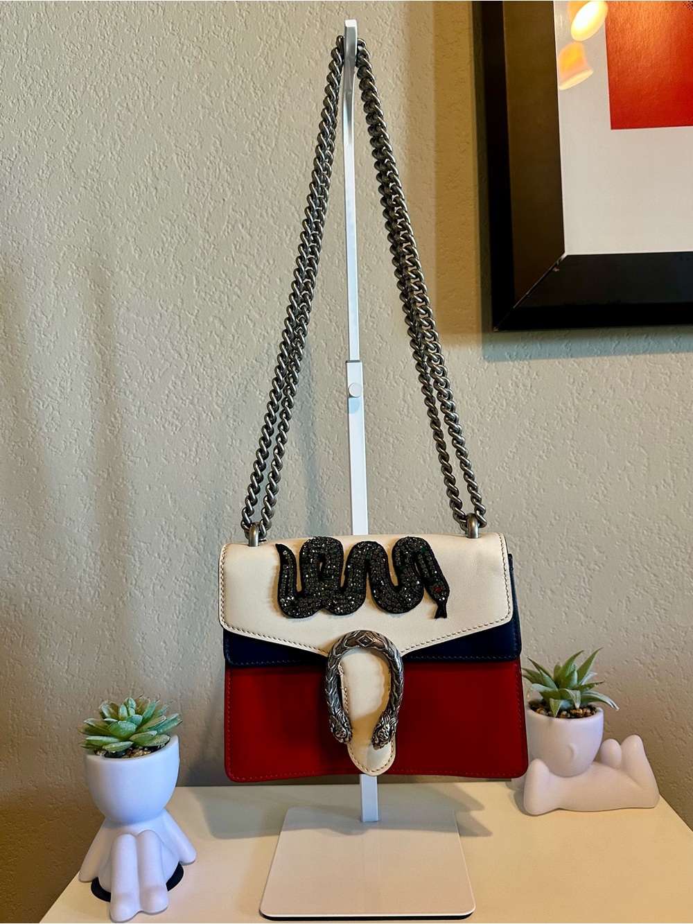 🧨🫶 Gucci Calfskin Crystal Snake Dionysus Bag mystic white, hibiscus red LIKE NEW